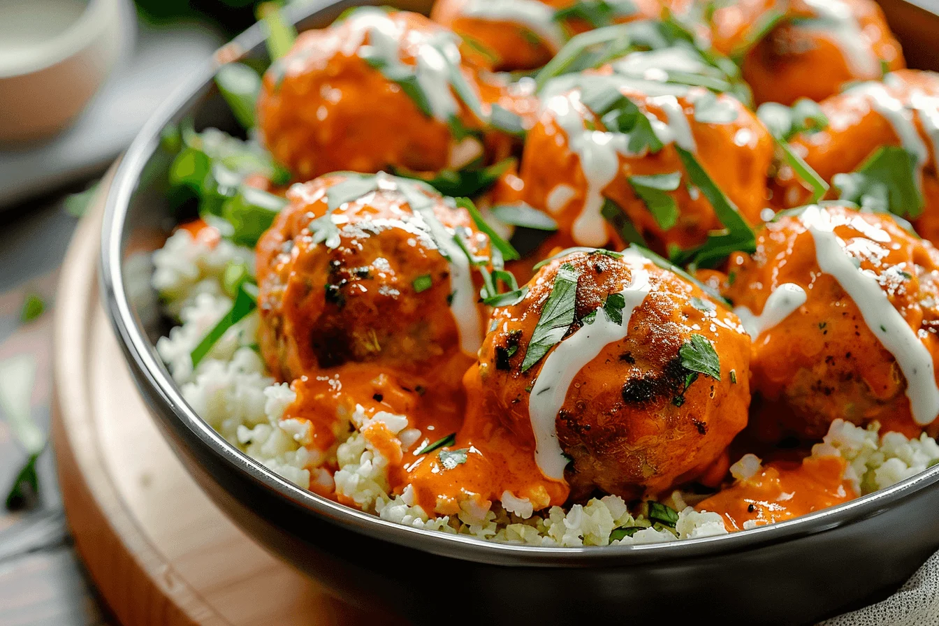 buffalo chicken meatball bowls on cauliflower rice with ranch
