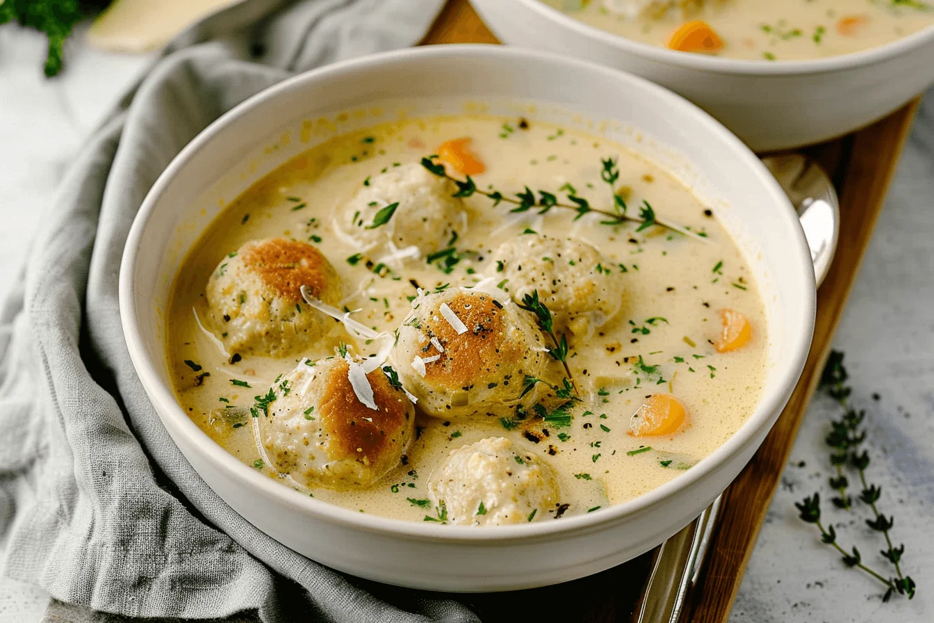 creamy chicken meatball soup in a bowl with herbs