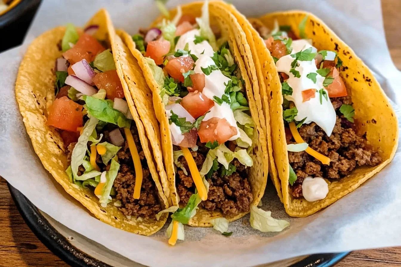 ground beef tacos with toppings on wooden table
