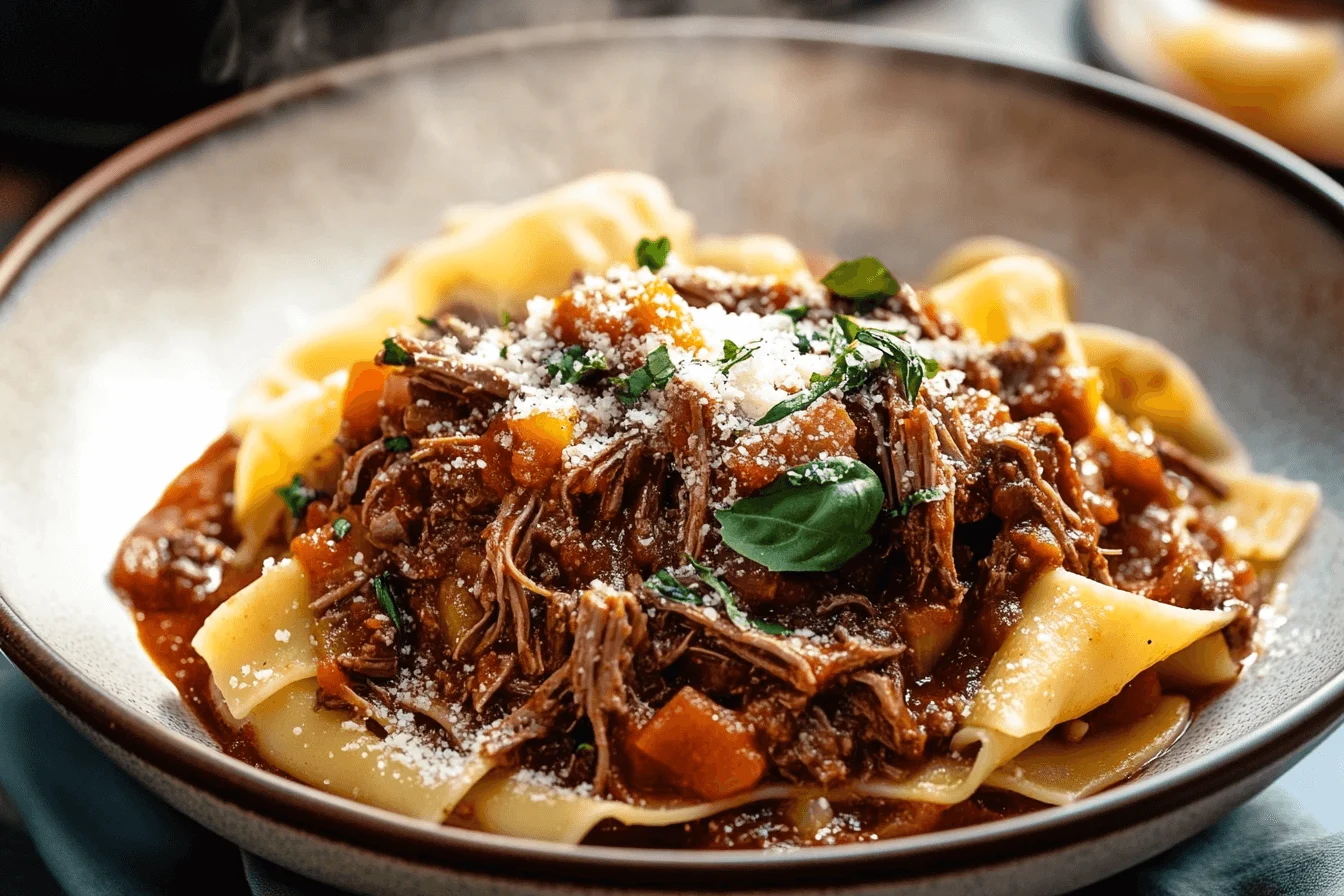 Instant Pot Beef Ragu over pasta with parmesan and basil